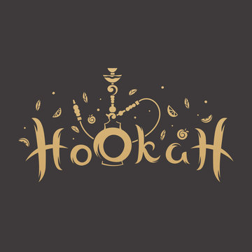 Gold lettering with a stylized hookah in the background of fruits