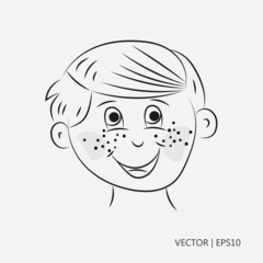 Vector illustration: Happy boy with freckles. Little boy with his hair brushed. Drawings for children, coloring pages