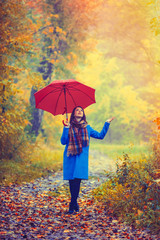 Young beautiful brunette girl in blue coat with umbrella walking in the autumn park