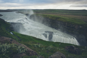 Gullfoss waterfall in summer in Iceland, Europe - vintage colors with some grain