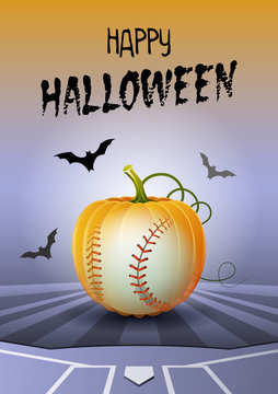 Happy Halloween. Sports greeting card. Realistic baseball ball in the shape of a Pumpkin. Vector illustration.