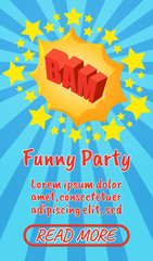 Funny party concept banner. Isometric banner of funny party comics vector concept for web, giftcard and postcard