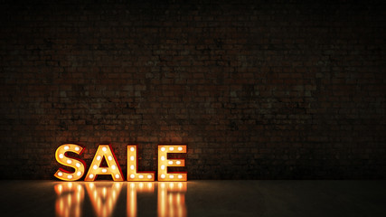 Neon Sign on Brick Wall background - Sale. 3d rendering