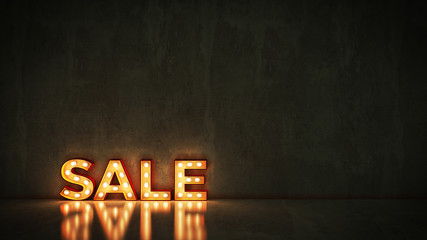 Neon Sign on Brick Wall background - Sale. 3d rendering