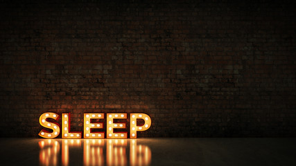 Neon Sign on Brick Wall background - Sleep. 3d rendering