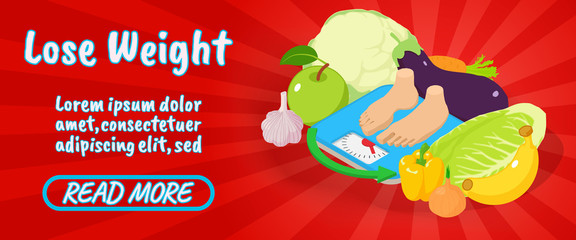 Lose weight concept banner. Isometric banner of lose weight comics vector concept for web, giftcard and postcard
