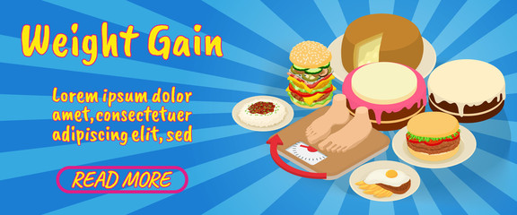 Weight gain concept banner. Isometric banner of lose weight gain comics vector concept for web, giftcard and postcard
