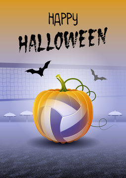 Happy Halloween. Sports greeting card. Realistic beach volleyball ball in the shape of a Pumpkin. Vector illustration.