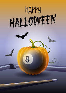 Happy Halloween. Sports greeting card. Realistic billiard ball in the shape of a Pumpkin. Vector illustration.