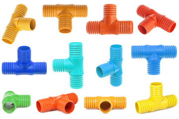 Kit tees made of plastic for the installation of water pipes, for connection of branches in the water supply system,  isolated on white background