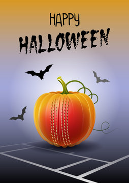 Happy Halloween. Sports greeting card. Realistic cricket ball in the shape of a Pumpkin. Vector illustration.