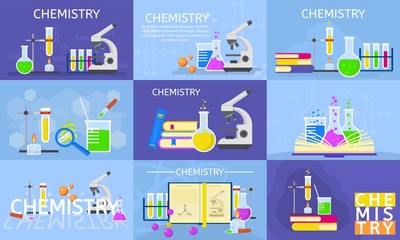 Chemistry lab banner set. Flat illustration of chemistry lab vector banner set for web design