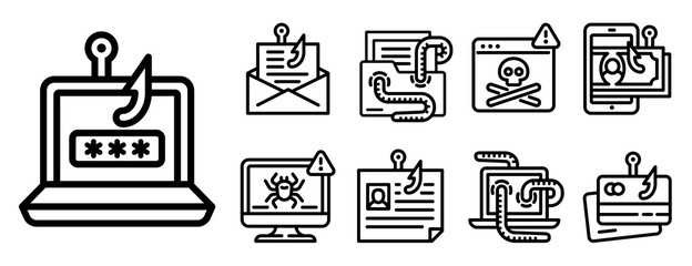 Phishing icon set. Outline set of phishing vector icons for web design isolated on white background