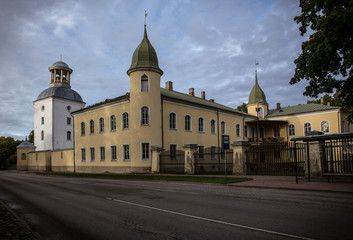Fototapeta na wymiar View to Krustpils medieval castle from the street with nobody in the scene. Shot at Jekabpils, Latvia.