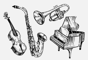 A set of musical instruments: violin, piano, saxophone. Hand drawn sketch converted to vector