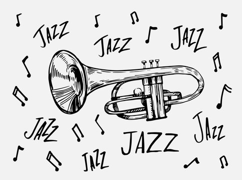 Sketch of trumpet. Jazz instrument. Hand drawn sketch converted to vector