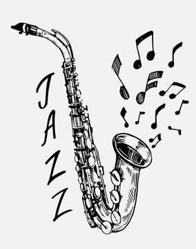 Sketch of saxophone. Jazz instrument. Hand drawn illustration converted to vector