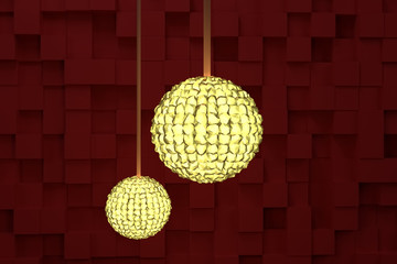 Two handing lamps with yellow light, red cubes as background. Sphere, wallpaper, rendering & graphic.
