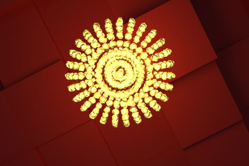 A lamp with yellow light, red cubes as background. Pattern, illustration, digital & shape.