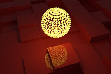 A lamp with yellow light, red cubes as background. Pattern, digital, artistic & backdrop.