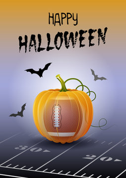 Happy Halloween. Sports greeting card. Realistic american football or rugby ball in the shape of a Pumpkin. Vector illustration.