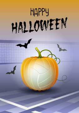 Happy Halloween. Sports greeting card. Realistic volleyball ball in the shape of a Pumpkin. Vector illustration.