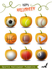 Obraz premium Happy Halloween. Collection of different Halloween Sports Pumpkins for your creative works. Soccer, Baseball, Basketball, Tennis, American Football, Rugby, Golf, Billiard, Volleyball, Cricket balls in