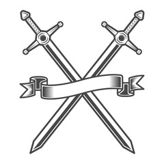 Vintage medieval swords knight crusader with ribbon in monochrome style isolated vector illustration