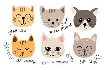 Obraz na płótnie Canvas cute cat set illustration with inscriptions for fabric, t shirt, cards