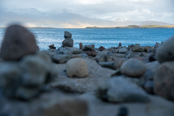 Stone rock piles by Reykjavik harbor, Iceland