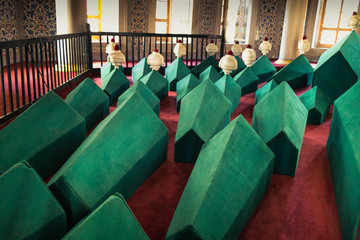 Rows of coffins in ottoman mausoleum tomb
