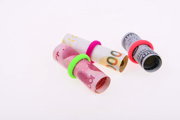 Renminbi, Hong Kong dollars and us dollars, on a white background