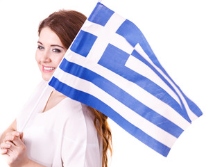 Woman with greek waving flag, on white