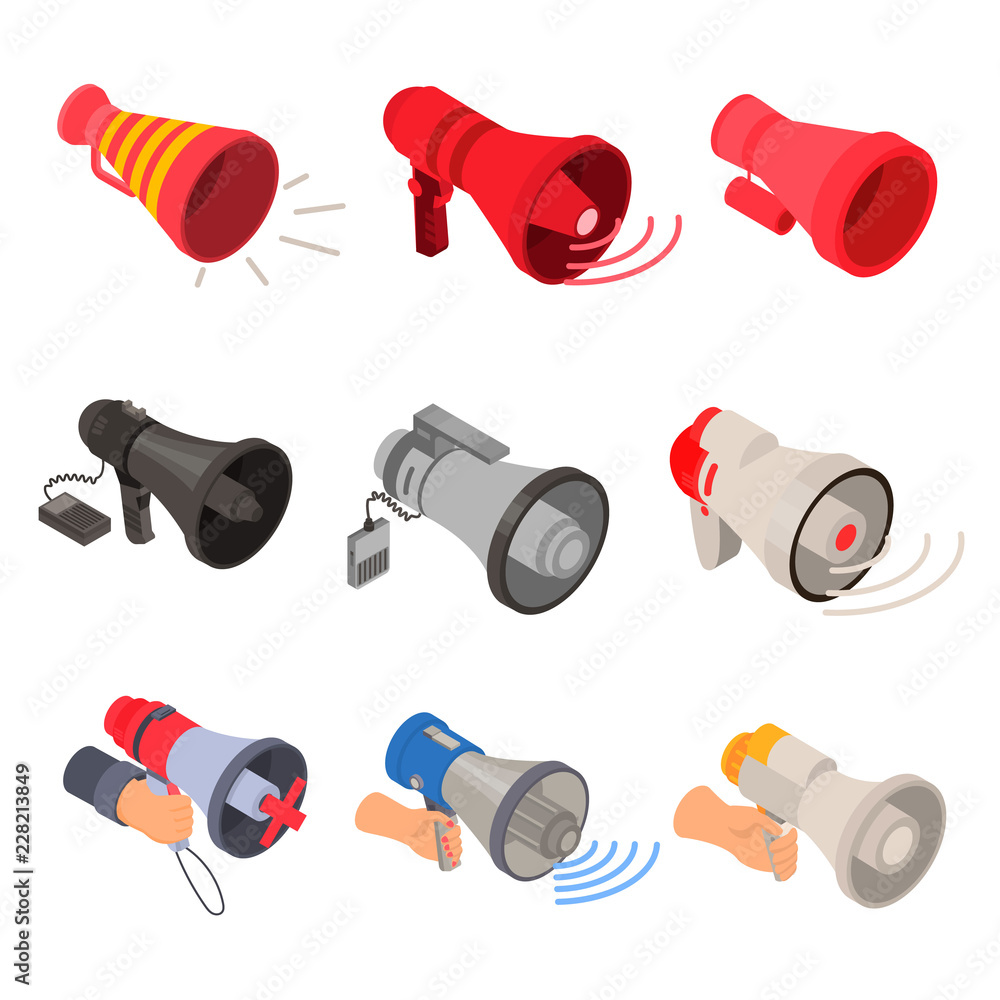 Poster megaphone icon set. isometric set of megaphone vector icons for web design isolated on white backgro