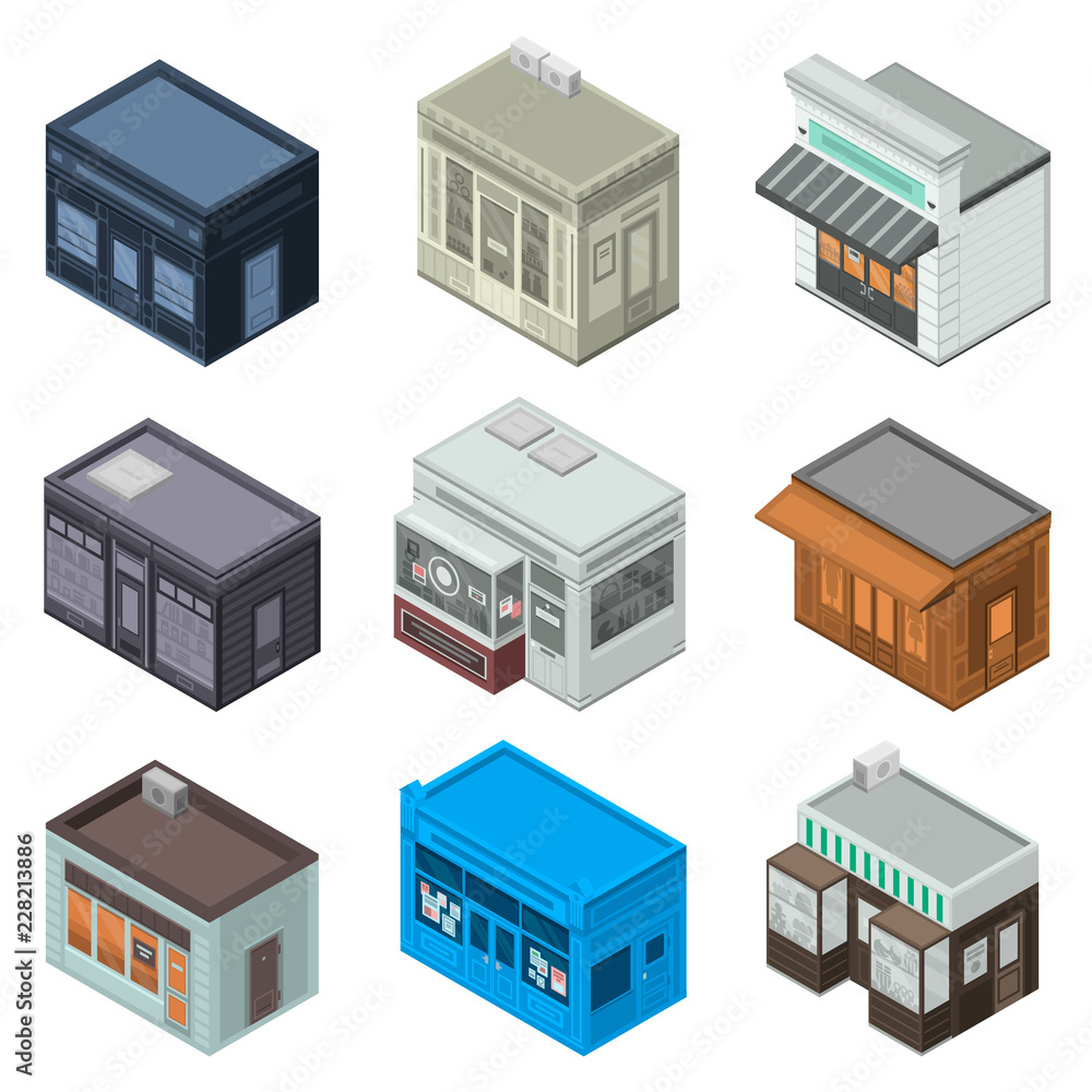 Poster store facade icon set. isometric set of store facade vector icons for web design isolated on white b