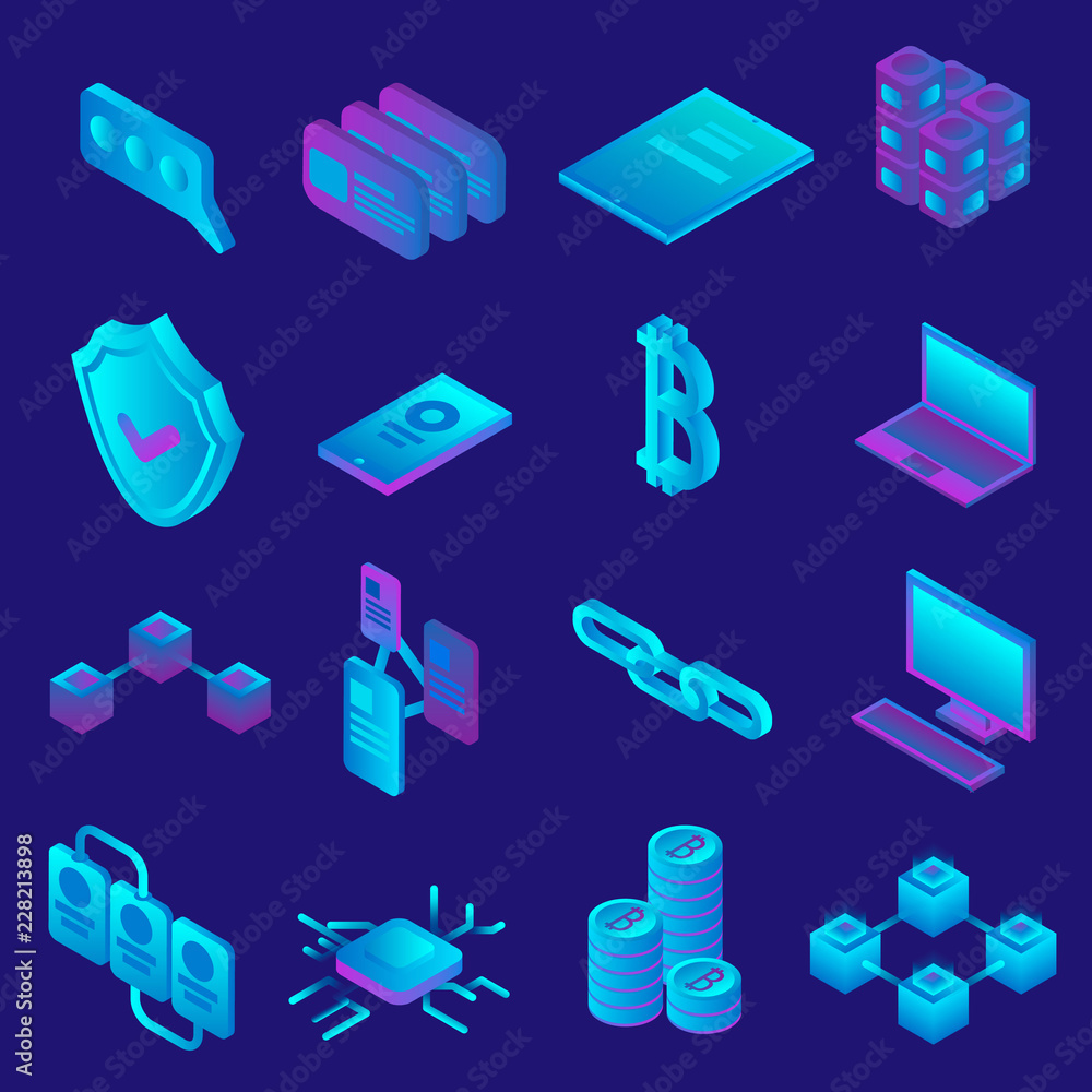 Poster blockchain icon set. isometric set of blockchain vector icons for web design