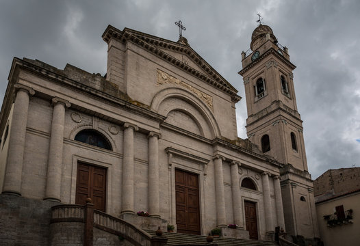 Church exterior of Cattedrale Dell`Immacolata in Ozieri, Sardinia, Italy on a cloudy summer day.