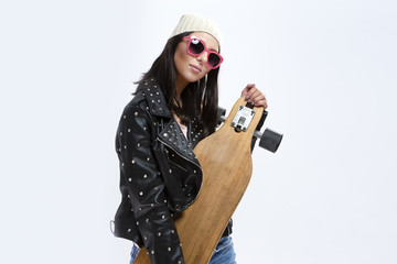 Modern Youth Concepts. Portrait of Happy Smiling Caucasian Brunette in Black Leather Jacket and...