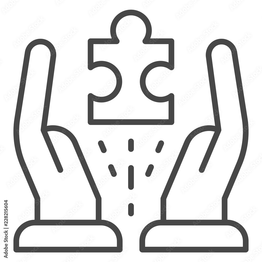 Poster hands hold one puzzle icon. outline hands hold one puzzle vector icon for web design isolated on whi