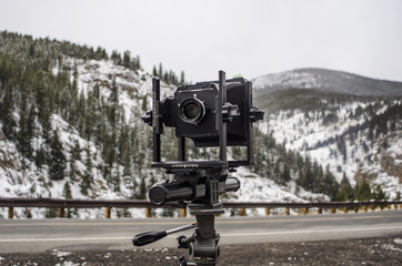 Old 4x5 film camera in beautiful Colorado landscape