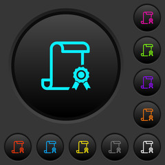 Scroll with certificate on right dark push buttons with color icons