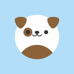 Cute dog round vector graphic icon. Spotted puppy, dog animal head, face illustration. Isolated on blue background.