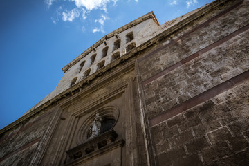 Parrocchia N.S. del Carmine church exterior in Cagliari, Sardinia, Italy. View from below.