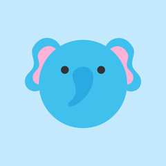 Cute blue elephant round vector graphic icon. Baby elephant animal head, face illustration. Isolated on blue background.