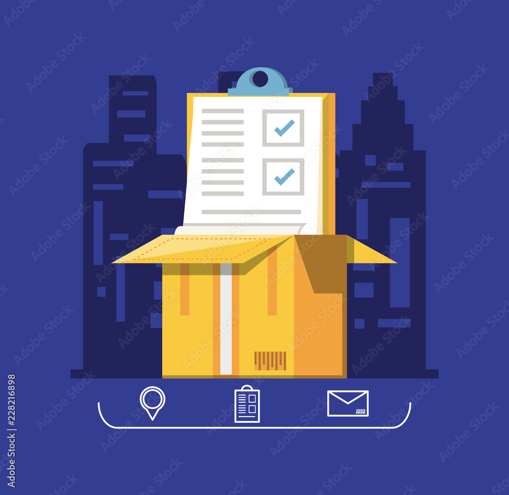 Poster box of carton with checklist and logistic service