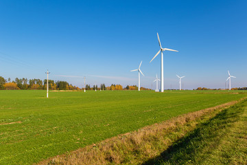 Wind turbines among a green field on a sunny autumn day