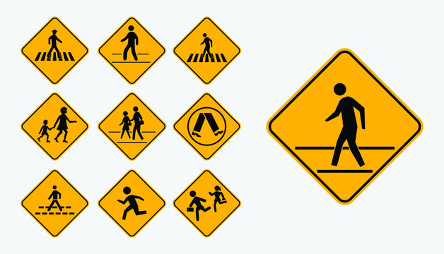 Pedestrian crosswalk road sign. Vector illustration of yellow