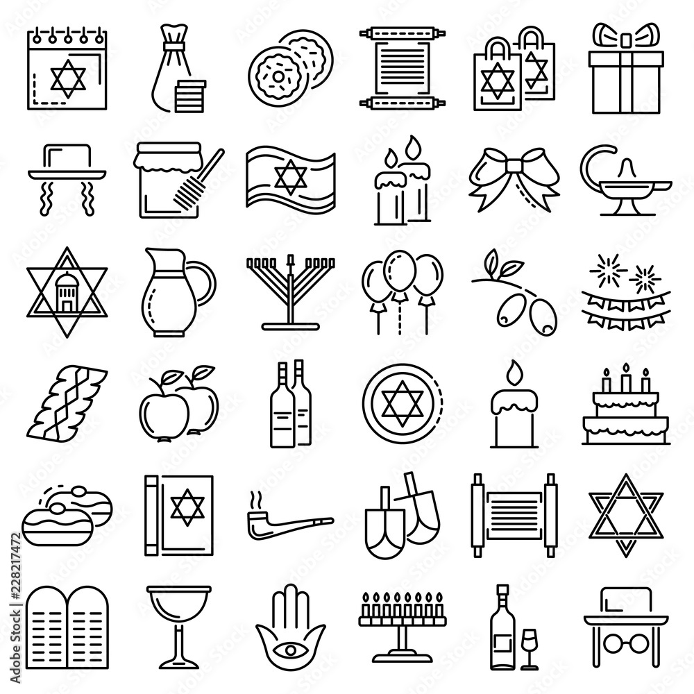 Poster hanukkah icon set. outline set of hanukkah vector icons for web design isolated on white background