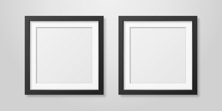 Two Vector Realistic Mofern Interior Black Blank Square Wooden Poster Picture Frame Set Closeup on White Wall Mock-up. Empty Poster Frames Design Template for Mockup, Presentation, Image or text