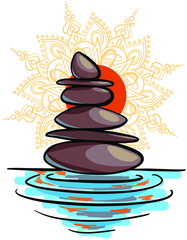 vector illustration of hand drawn cartooon sketch Balance stones on water at sunset with orange sun and mandala.